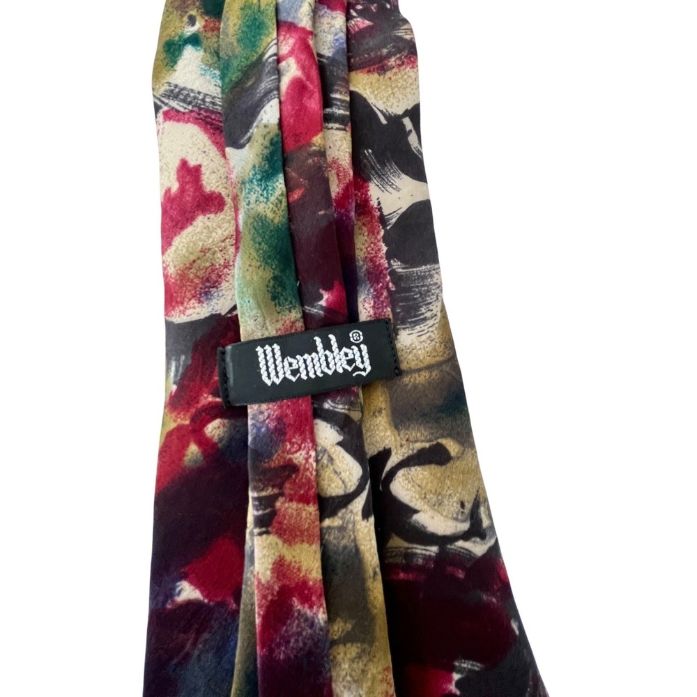 Wembley Mens Silk Necktie Abstract Watercolor Print Red Green Gold Made in USA